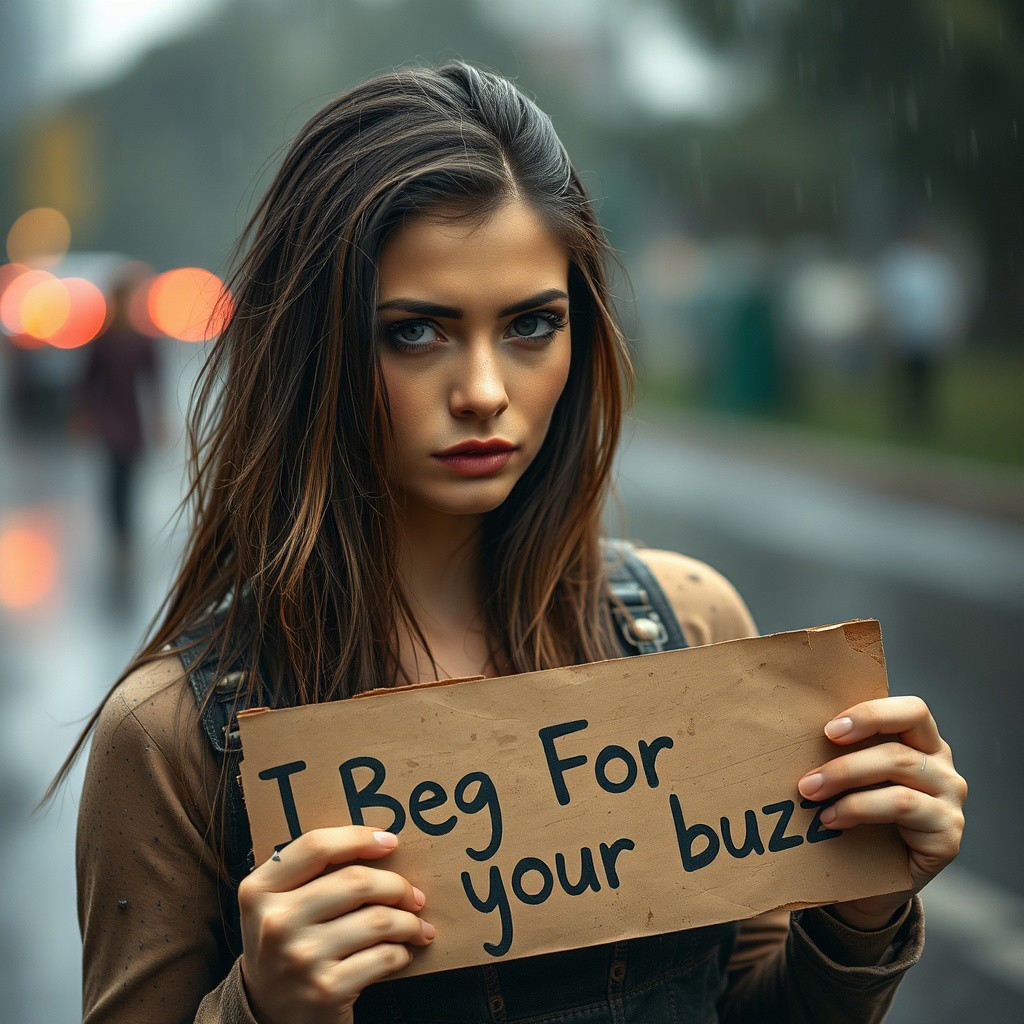 A  gorgeous woman from  looks really sad, raining,poverty,begging, looking at viewer,dirty,holding a sign. There's a caption on the sign that says, "I Beg For Buzz your buzz."