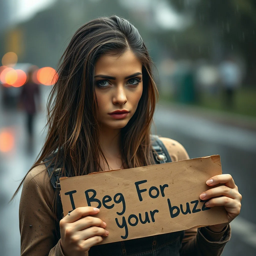 A gorgeous woman from looks really sad, raining,poverty,begging, looking at viewer,dirty,holding a sign. There's a caption on the sign that says, "I Beg For Buzz your buzz."