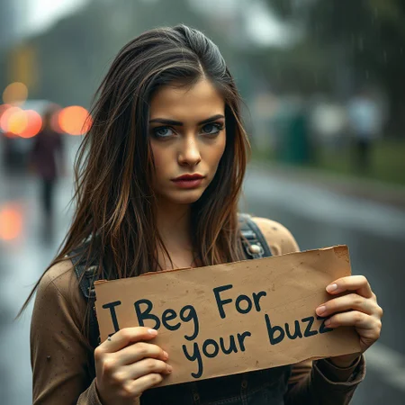 A  gorgeous woman from  looks really sad, raining,poverty,begging, looking at viewer,dirty,holding a sign. There's a caption on the sign that says, "I Beg For Buzz your buzz."
