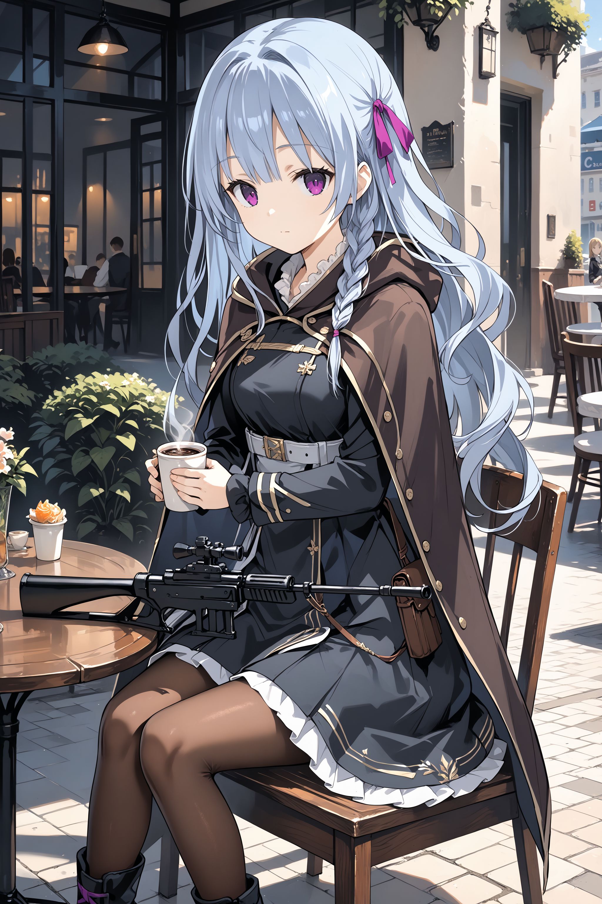 score_max, (score_9, score_8_up, score_7_up:1.2), score_6_up, official art, source_anime,
, masterpiece, absurdres, high detail, 8k,
outdoors, cafe, table, chair, isometric,
sitting, planted rifle, sniper rifle, holding coffee, expressionless,
pixel art, felicette, hair ribbon, purple ribbon, brown cape, black dress, long sleeves, belt, brown pantyhose, black footwear,
<lora:XL_Pony_game-marfushasg-felicette-t1:1>