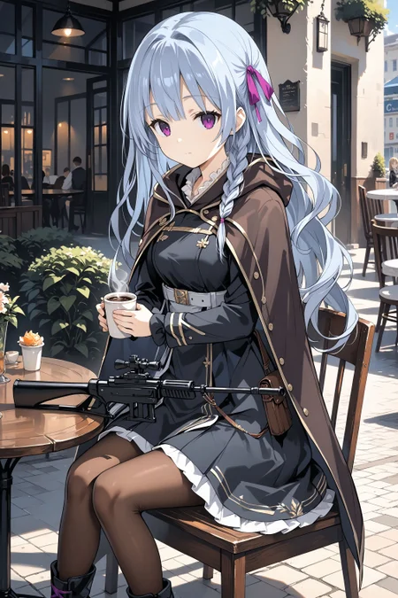 score_max, (score_9, score_8_up, score_7_up:1.2), score_6_up, official art, source_anime,
, masterpiece, absurdres, high detail, 8k,
outdoors, cafe, table, chair, isometric,
sitting, planted rifle, sniper rifle, holding coffee, expressionless,
pixel art, felicette, hair ribbon, purple ribbon, brown cape, black dress, long sleeves, belt, brown pantyhose, black footwear,
<lora:XL_Pony_game-marfushasg-felicette-t1:1>
