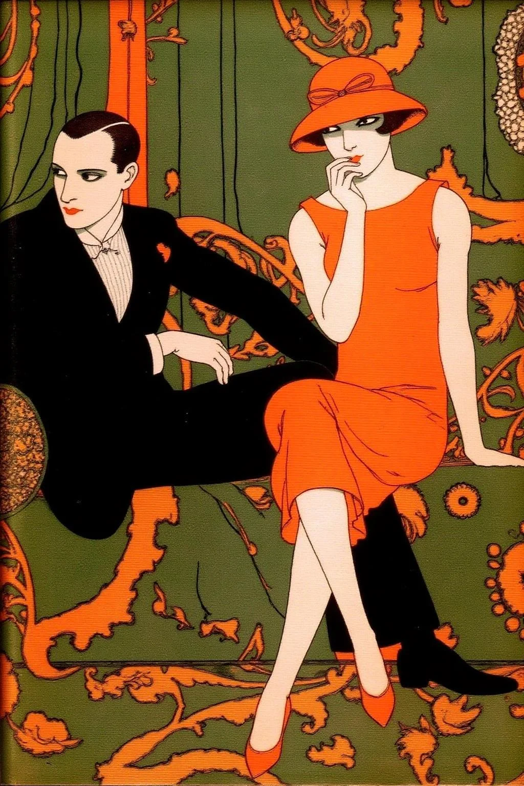 ernestogarciacabral1 illustration.
A man and a woman sit on a couch with green-and-orange patterns.
The man on the left wears a black suit, resting a hand on his knee.
The woman on the right wears an orange sleeveless dress.
<lora:ernestogarciacabral1_cap_d6a3:1.0><lora:849846334474174285:0>