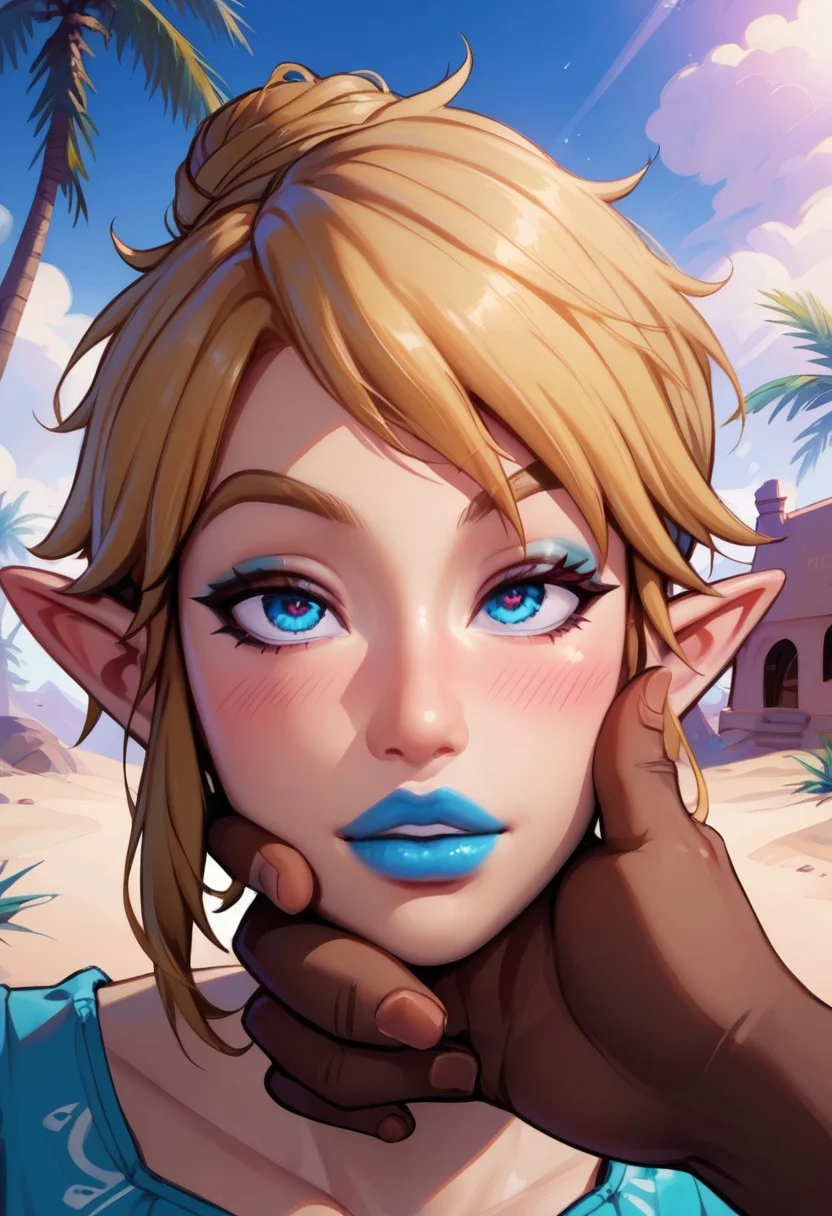 score_9,score_8_up,score_7_up,score_6_up,score_5_up,score_4_up,
linkxl, blonde hair, (((messy bun))), pointy ears, blue eyes, blue lips, long hair, eye shadow, light skin, blank eyes, empty eyes, half-closed eyes,
1girl, 1boy, dark-skinned male, 2d, facegrab, close-up, heart eyes, looking up at viewer, first person view, naughty face
thin, femboy, soft, slender, lean, feminine, twink, teal crop top, golden armlet, blush, solo, standing,
desert town, palm tree,