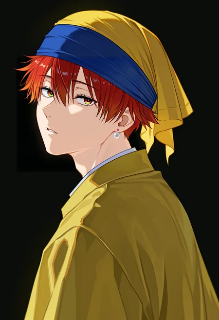masterpiece, high quality, absurdres, gwape, 1boy, stark \(sousou no frieren\), alternate costume, black background, earrings, jewelry, looking at viewer, parted lips, pearl earrings, simple background, blue headband, yellow head scarf, <lora:Girl_with_a_pearl_earing:1>