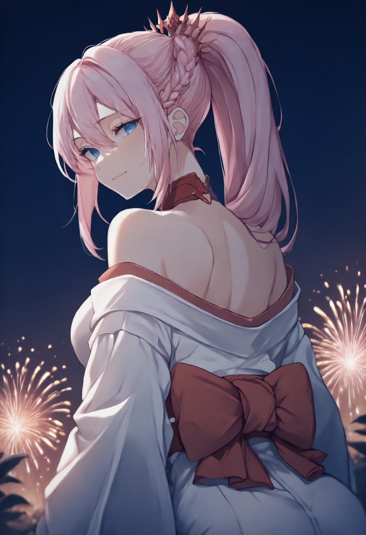 anime, masterpiece, best quality, from behind, solo, 1girl, shi0nne, slight smile, looking back, pink hair, hair between eyes, sidelocks, ponytail, braid, tiara, blue eyes, japanese clothes, white kimono, off shoulder, red sash, bare shoulders, outdoors, night, fireworks
<segment:yolo-face_yolov8m.pt,0.4,0.5//cid=1>