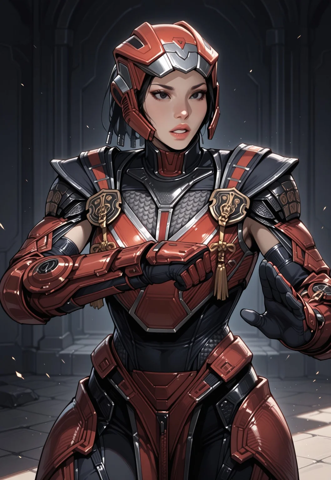 masterpiece, best quality, detailed, realistic, cowboy shot, parted lips, 1girl, solo, sektor, Helmet, black eyes, lips, Black bodysuit, shoulder armor, breastplate, gauntlets, gloves, leg armor, pelvic curtain, fighting stance,