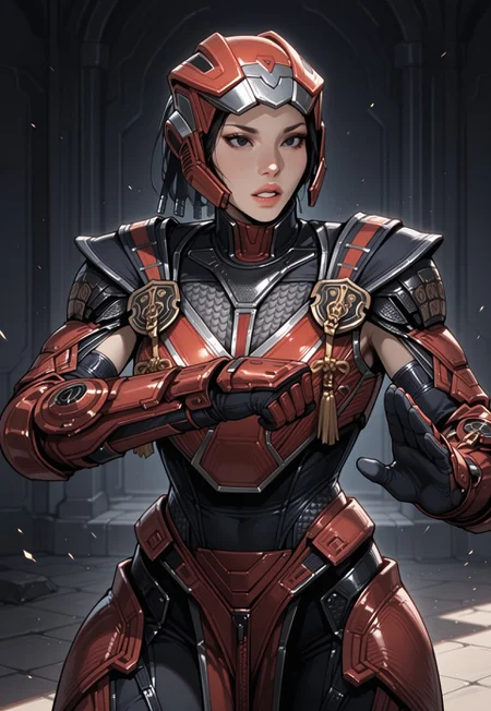 masterpiece, best quality, detailed, realistic, cowboy shot, parted lips, 1girl, solo, sektor, Helmet, black eyes, lips, Black bodysuit, shoulder armor, breastplate, gauntlets, gloves, leg armor, pelvic curtain, fighting stance,