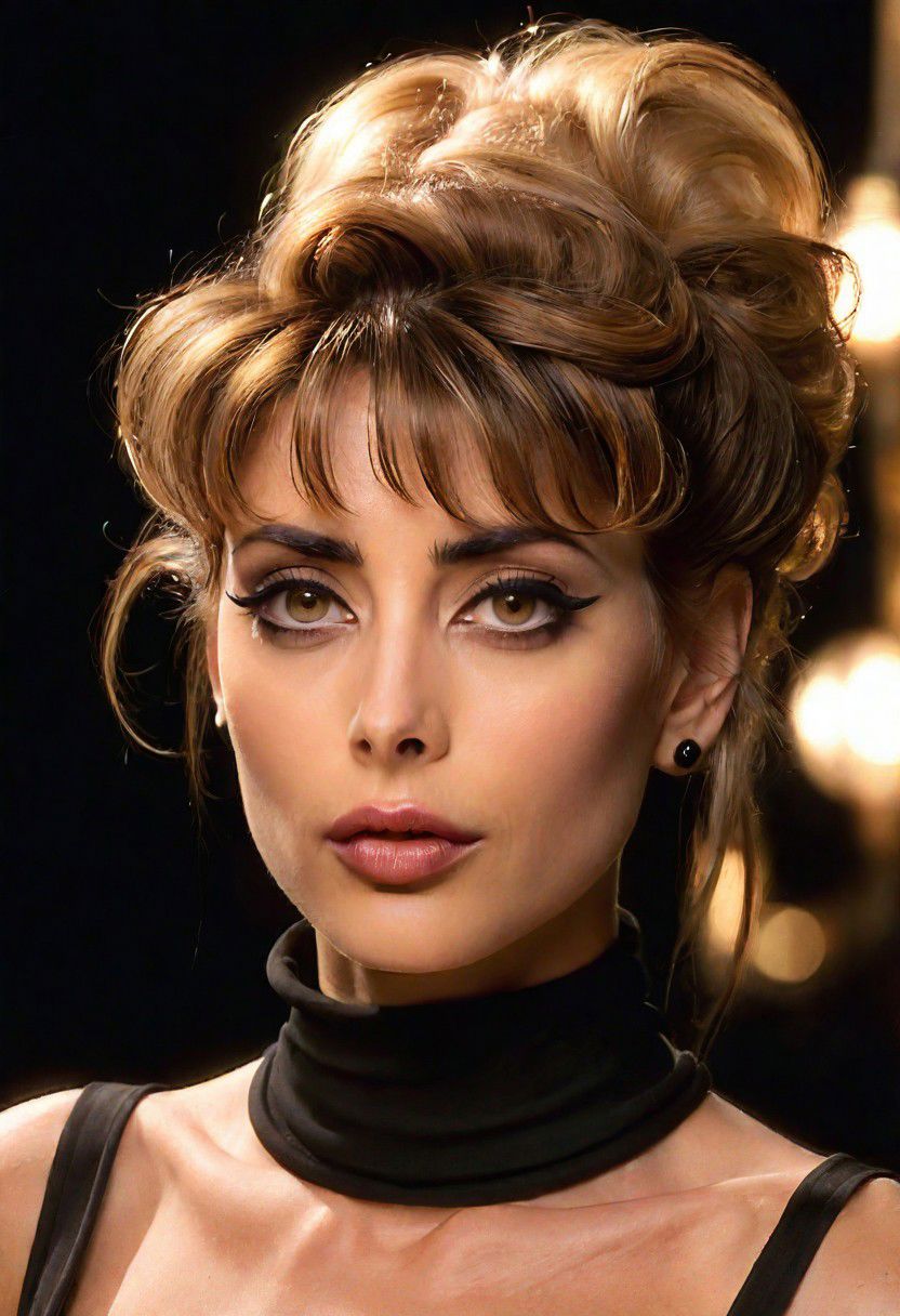 A detailed portrait of a young woman exuding elegance and natural grace. She has a voluminous updo hairstyle with wisps of hair tenderly framing her face. Her hazel eyes are accentuated by tasteful makeup, s. She wears a high-necked black top, suggesting a blend of casual refinement. The lighting should illuminate her face against a subdued background, emphasizing her calm and confident expression. High Fashion, dynamic, dramatic, elegant, High fashion supermodel, avant garde style
fFaceDetaile
pn