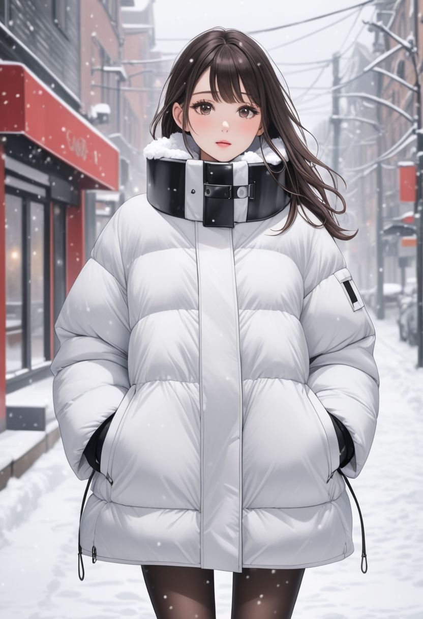 (white oversized down coat:1.4), (white oversized puffer coat:1.4), (oversized winter clothes:1.4), (puffer collar:1.4), upper body, pencil medium skirt, girl, winter, very very cold, snow, snowing, (Thick steel collar:1.4)