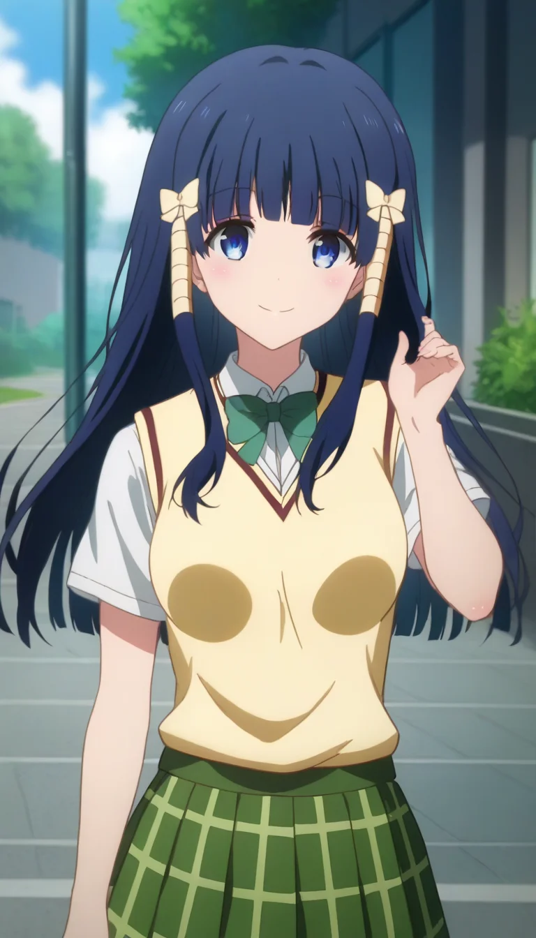 score_9,score_8_up,score_7_up,score_6_up BREAK official art,solo,outdoors,cowboy shot,looking at viewer,facing viewer,smile,blush,Murasame Shizu,long hair,blue hair,hair ornament,hair bow,hair ribbon,hair tubes,blunt bangs,blue eyes,school uniform,sweater vest,yellow vest,white shirt,collared shirt,green bowtie,short sleeves,medium breasts,miniskirt,green skirt,plaid skirt,pleated skirt,black socks,loafers,<lora:Murasame Shizu(tlr)-Pony:1.6>,