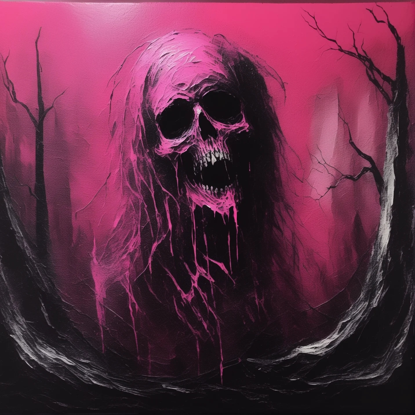 palette knife painting,  <lora:black_metal_art:1> blackmetal style, xerox, pink spooky [ghost|skull]