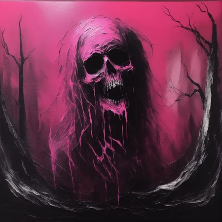 palette knife painting,  <lora:black_metal_art:1> blackmetal style, xerox, pink spooky [ghost|skull]