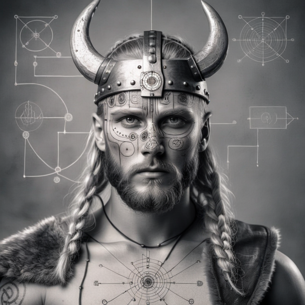 ampereart portrait of a viking warrior with an electrical diagram on his face, studio professional photo, very realistic <lora:ampereart:0.9>