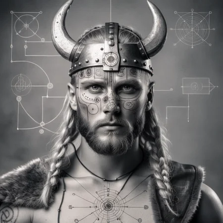 ampereart portrait of a viking warrior with an electrical diagram on his face, studio professional photo, very realistic <lora:ampereart:0.9>