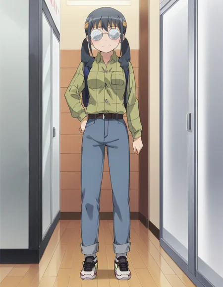 score_9, score_8_up, score_7_up, score_6_up, score_5_up, score_4_up, source_anime, anime screencap, BREAK 1girl, solo, indoors, standing full body,
 <lora:Makishima_Saori_Pony:1> makishima_saori, black hair, grey hair, saori_bageena, twintails, coke-bottle glasses, opaque glasses, headband, green shirt, denim jeans, belt, sneakers, backpack,
