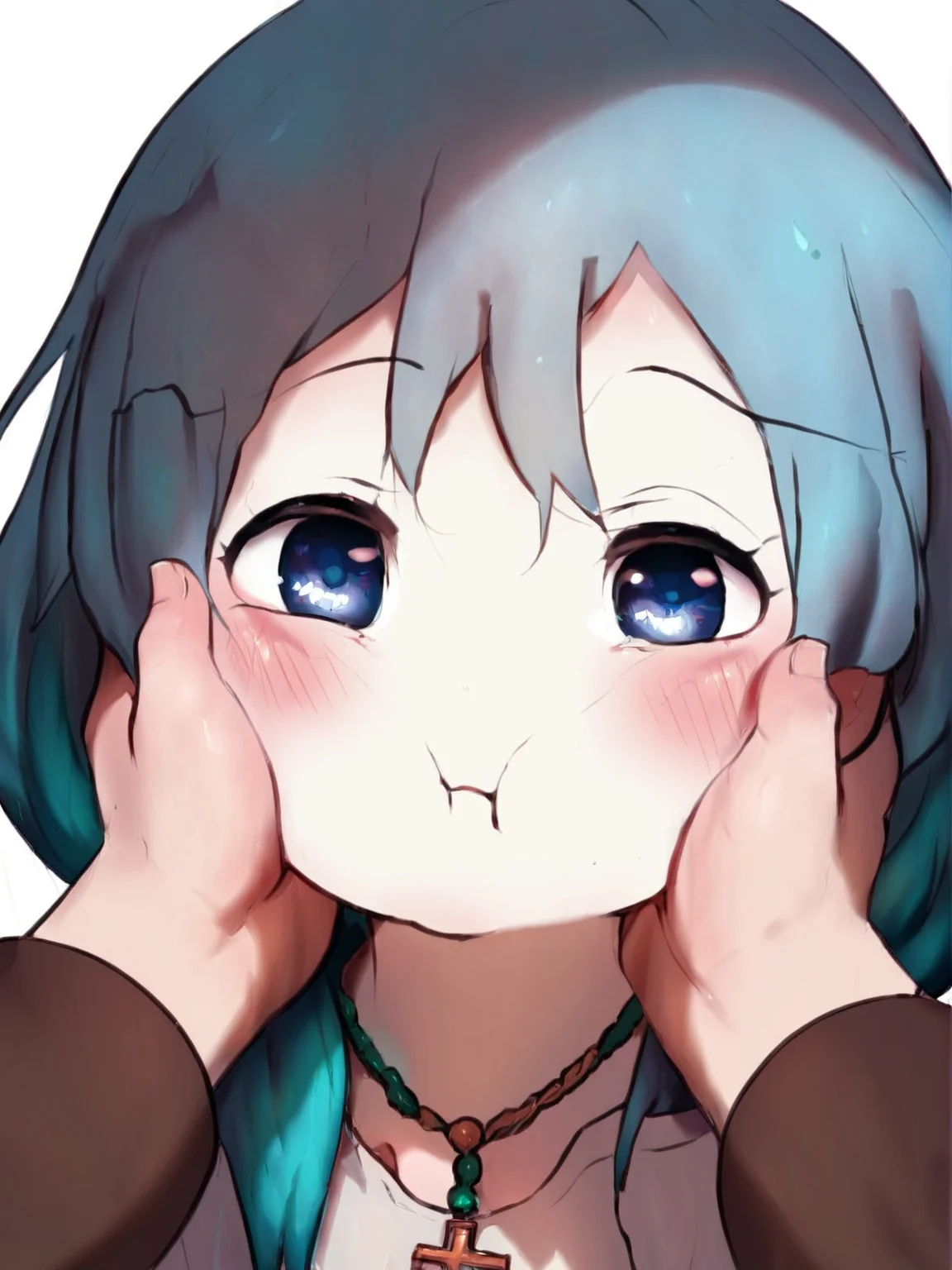 score_9, score_8_up, score_7_up, score_anime, uncensored, BREAK white background, <lora:Luce_PDXLv0-000007:0.8> 1girl, luce, cross necklace, yellow raincoat, blue eyes, blue hair, <lora:grabbed_the_cheeks_pony_xl:1> chubby cheeks, blushing, detailed eyes, beautiful eyes, solo, grabbed_the_cheeks, face focus, hands on face, anime style, cute,