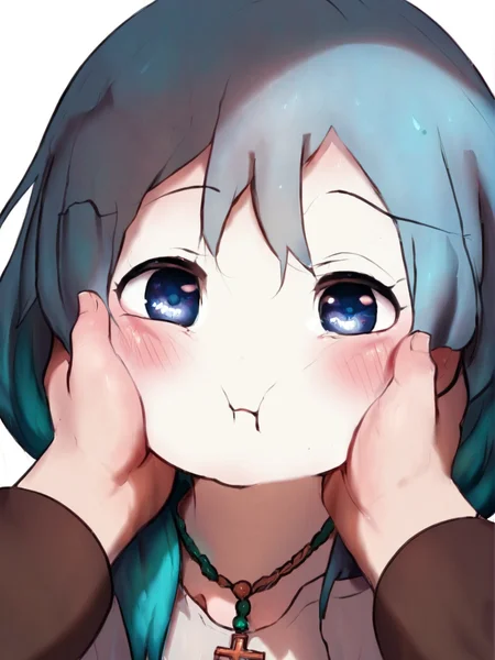 score_9, score_8_up, score_7_up, score_anime, uncensored, BREAK white background, <lora:Luce_PDXLv0-000007:0.8> 1girl, luce, cross necklace, yellow raincoat, blue eyes, blue hair, <lora:grabbed_the_cheeks_pony_xl:1> chubby cheeks, blushing, detailed eyes, beautiful eyes, solo, grabbed_the_cheeks, face focus, hands on face, anime style, cute,