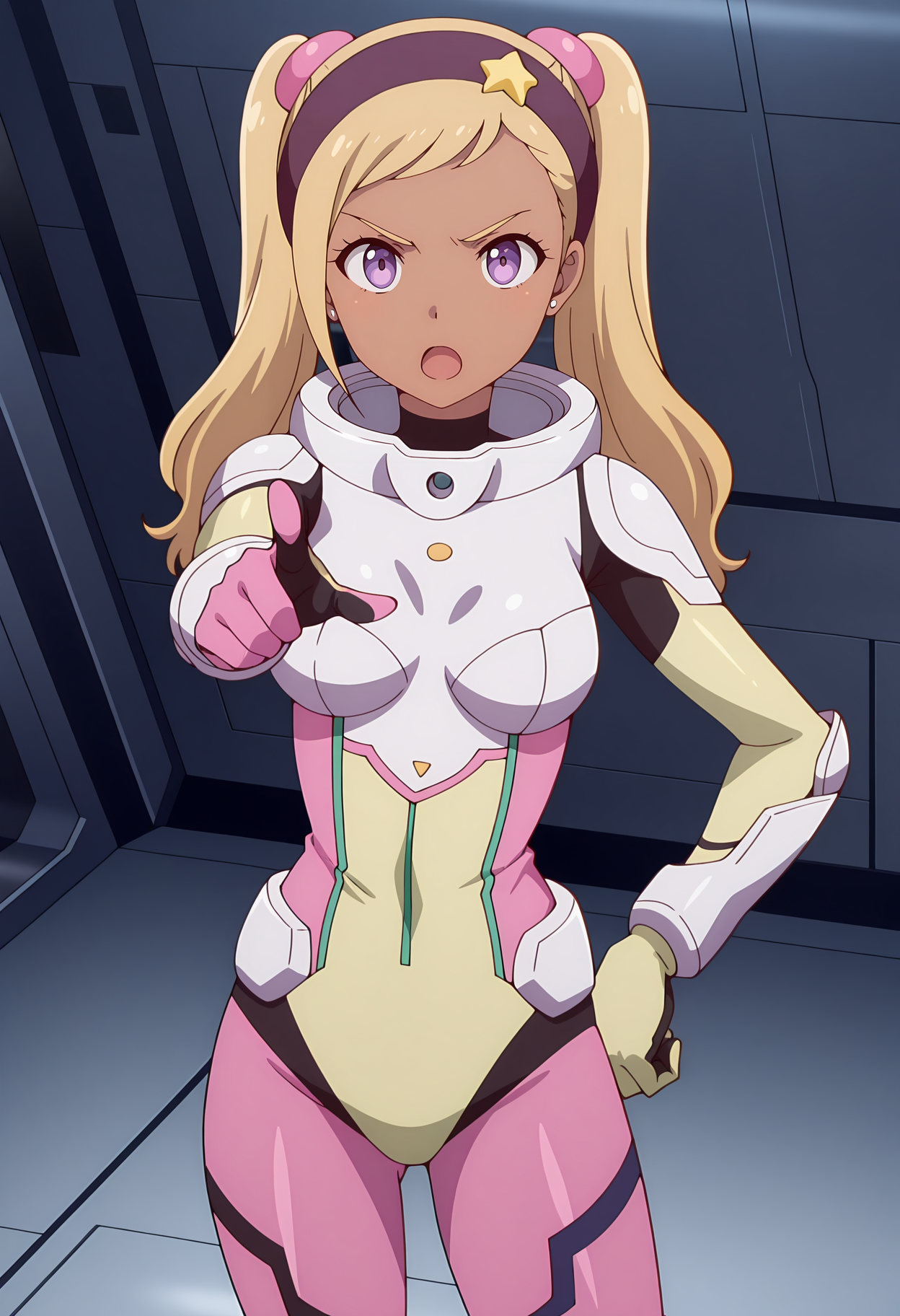 anime screencap, masterpiece, best quality,
<lora:KanataNoAstra_QuitterieRaffaeli_IlluXL:0.9>,
1girl, solo, open mouth, serious, 
dark-skinned female, twintails, swept bangs, long hair, blonde hair, purple eyes, stud earrings, purple hairband, star hair ornament, pink scrunchie,
spacesuit, skin tight,
pointing at viewer, hand on own hip, standing, looking at the viewer, cowboy shot,
science fiction, indoors, spacecraft interior