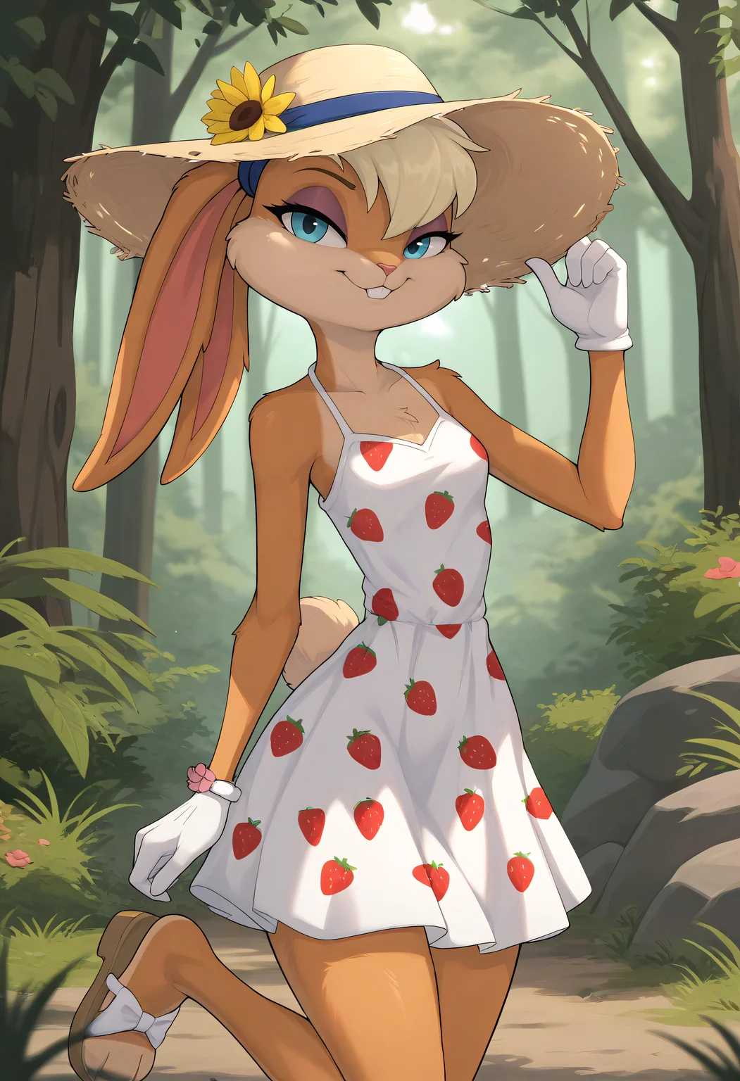 very awa, masterpiece,best quality,amazing quality, best quality, newest, absurdres, highres, detailed background, detailed hair, depth of field, detailed skin, best quality, amazing quality, very aesthetic, high resolution, ultra-detailed, absurdres, OverallDetailXL, skinny, narrow waist, aged up, ssssnowy, lola, buck teeth, (white sclera:1.1), eyeshadow, body fur, scrunchie, blue eyes, blonde hair,white gloves, rabbit tail,furry female, furry, rabbit, lola bunny, dress, sundress, Strawberry dress, flower_trim, sandals, flower_bracelet, sun_hat,, portrait, looking at viewer, smile, closed mouth, forest, summer, midday, dandelions, boulder_field,,,