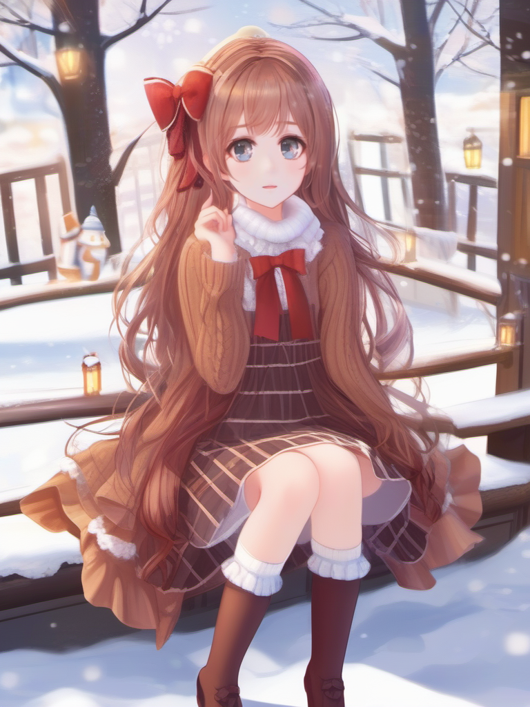 masterpiece, best quality, girl, long hair, looking at viewer, brown cardigan , frilled socks, hair_bow, bowtie, in winter, blush, sweater dress, ,<lora:sl_sila0.8>