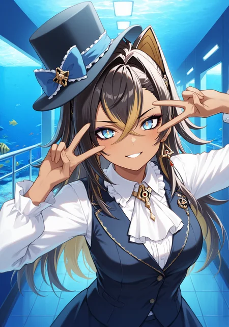 masterpiece, best quality, 1girl, solo, d3hya, dark-skinned female, long hair, streaked hair, black hair, blonde hair, hair between eyes, crossed bangs, hair intakes, kodona, collared shirt, hat bow, frills, long sleeves, top hat, vest, dress, indoors, aquarium, aquarium tunnel, glass, blue theme, hallway, (peace sign), hand up, double v, hands up, upper body, blue eyes, yellow pupils, ascot, frilled collar, (ceiling:0.85), (ceiling light:0.85), railing, tile floor, v over eye, looking at viewer, v-shaped eyebrows, smile, parted lips
