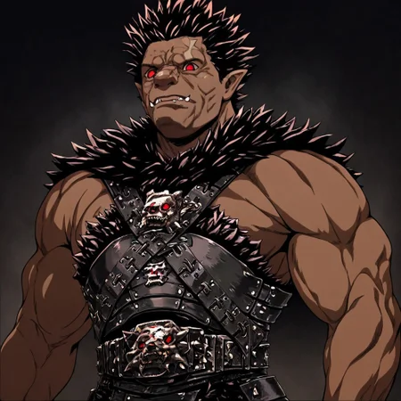 masterpiece, best quality, newest, absurdres, highres, anime, anime style, Zodd-V1.0, muscular male, short hair, red eyes, dark skin, dark skinned male, scar, scar on face, fangs, pointy ears, muscular, spiked hair, black hair, armor,