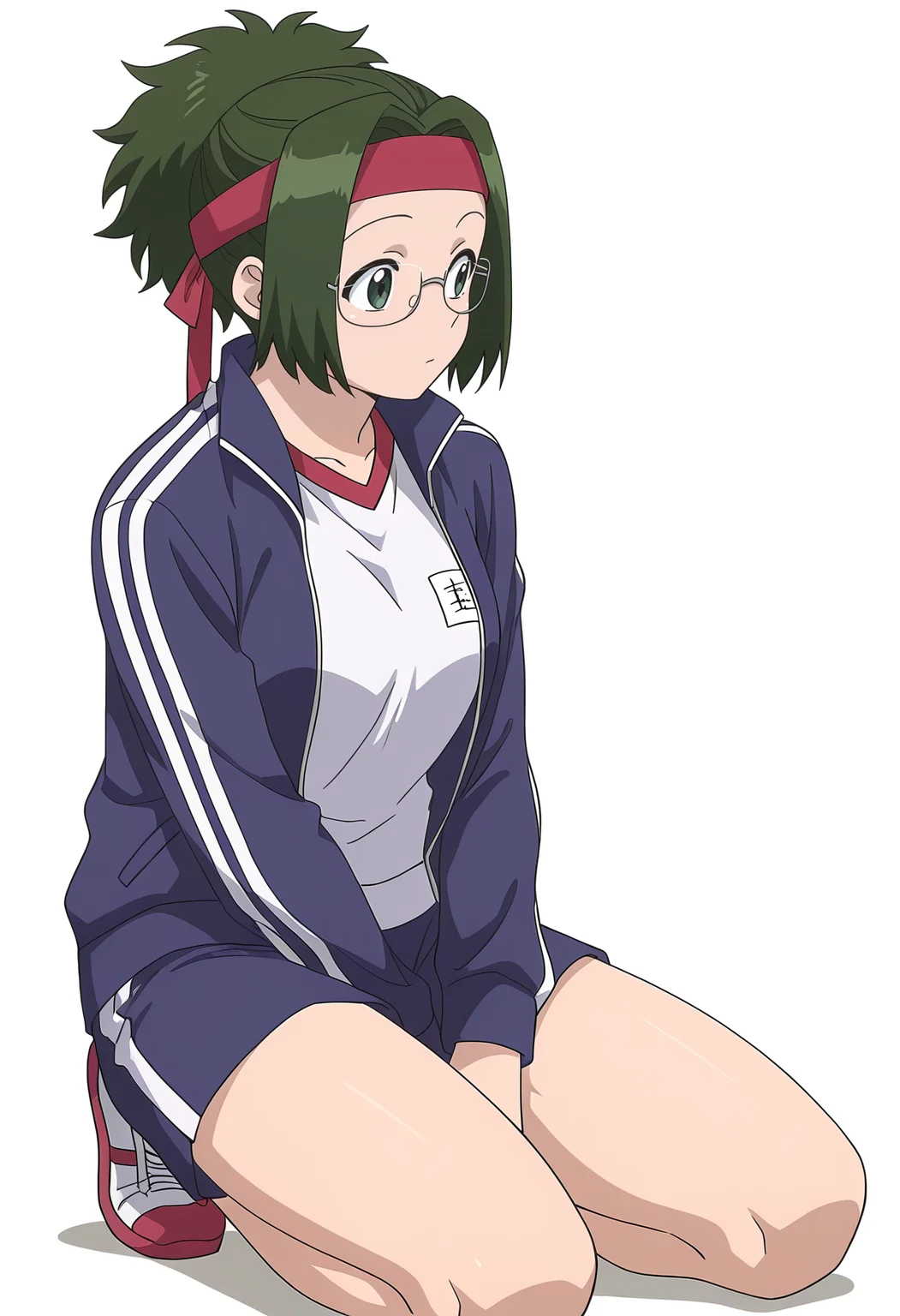 Smooth Quality,masterpiece,very intricate, high quality details, ultra realistic, high detailed skin,detailed enviorement,
simple background, white background,
kneeling,
<lora:Agari_Himiko_cnn:0.8> agarihimikocnn,1girl,green eyes, short hair,glasses, ponytail,green hair,
gym uniform, white shirt, gym shirt, shorts, headband, jacket,