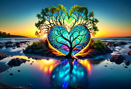 score_10 , score_9_up, score_8_up, score_7_up , score_6_up, vibrant colors, shiny_skin , prefect lighting, detailed image, snoozing , masterpiece , best quality , highly detailed , ultra quality , BREAK , (epic photo of tree , An epic photo) , ((The tree is in the middle of the screen, the tree is shaped like a heart)), 
Landscape , tree , sun , river , neon lights , heart, 
detailed background , plant , rocks , cinematic composition , dynamic pose , 
<lora:xl_more_art-full_v1:1.2>