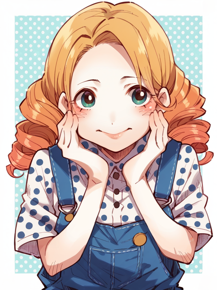 score_9, score_8_up, score_7_up, score_6_up, score_5_up,  <lora:orionlineXLP:1> orionline, hands on own cheeks, overalls, sode, drill hair, polka dot background,