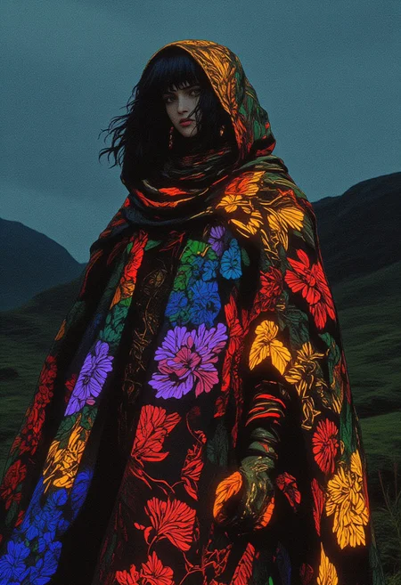 A hyper-realistic anime woman in a flowing medieval robe adorned with intricate multicolored floral patterns, glowing vividly with hues of sapphire blue, emerald green, ruby red, golden yellow, and amethyst purple. Each flower features thick, luminous outlines matching its color, creating a mesmerizing contrast against the robe’s dark crimson and black base. The high collar and sweeping train remain intact, now radiating with a magical, dynamic vibrancy. Her partially pulled-back hood frames her determined face, illuminated softly by the glow of the multicolored floral designs. She strides through a dramatic Scottish Highlands backdrop, rendered in photographic realism with rolling mist and jagged mountain peaks. The cool greens and grays of the misty terrain enhance the warmth and brilliance of the glowing patterns. The lighting is cinematic, with overcast skies casting a diffused, ethereal glow, while the floral patterns emit a faint, magical light. HD quality, R-ESRGAN 4x+, cinematic depth of field, dynamic contrast. (ne0nfant4sy, midjourney_whisper_avant_couture)