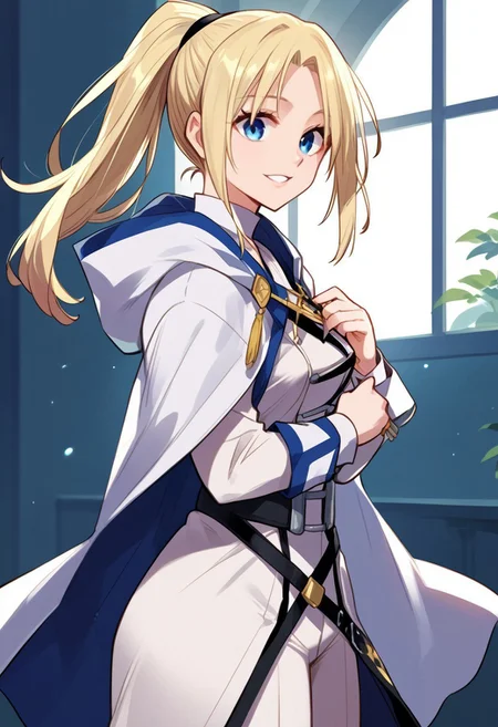 zPDXL3, score_9_up, score_8_up, score_7_up, (Anime_source), 1girl, ChristinaVernstein, blue eyes, blonde hair, long hair, from side, cowboy shot, parted lips, Knight outfit, ponytail, smile, looking at viewer, cloak, hood