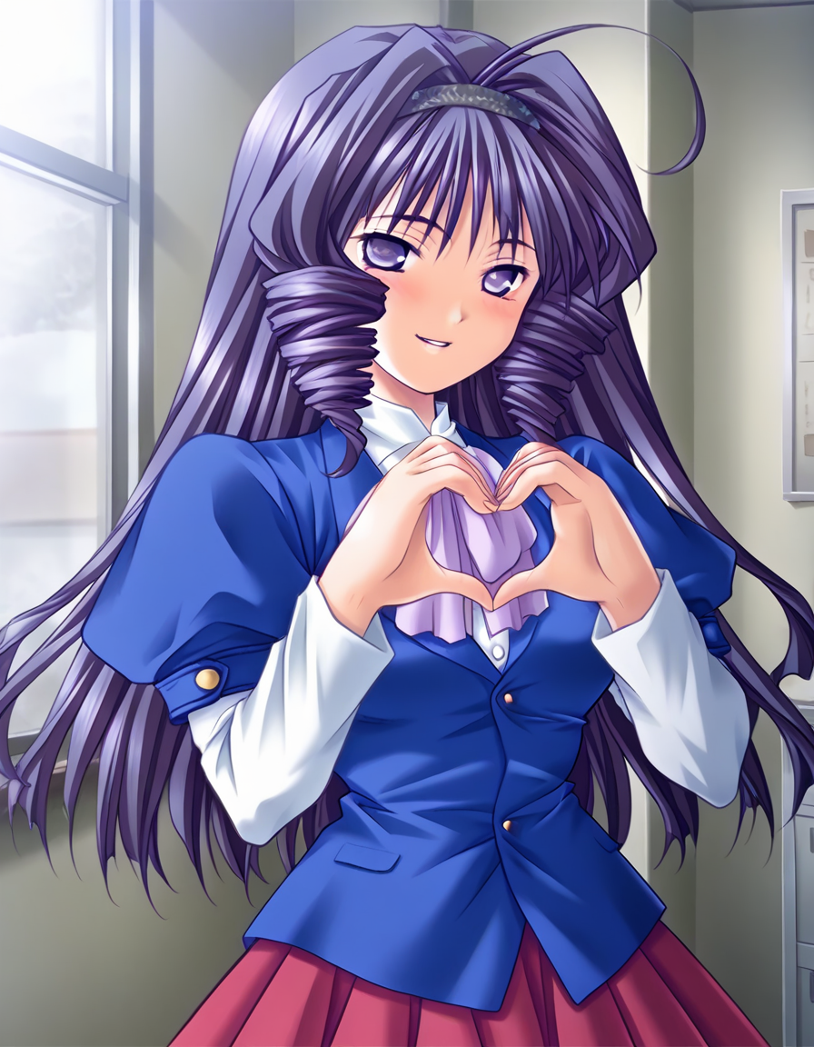 masterpiece, best quality, amazing quality, very aesthetic, official art, absurdres, ultra detailed, game cg,
1girl, solo, kazamatsuri_ayane, ahoge, drill hair, long hair, drill sidelocks, purple hair, hairband, purple eyes BREAK
blue school uniform, red skirt, pantyhose, 
blush, smile, parted lips, looking at viewer, 
standing, heart hands, 
in room, upper body, deep contrast of light and dark, sharp focus, depth of field, highly detailed <lora:Kazamatsuri Ayane v1.0-000018:1>