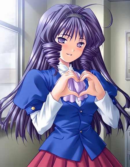 masterpiece, best quality, amazing quality, very aesthetic, official art, absurdres, ultra detailed, game cg,
1girl, solo, kazamatsuri_ayane, ahoge, drill hair, long hair, drill sidelocks, purple hair, hairband, purple eyes BREAK
blue school uniform, red skirt, pantyhose,
blush, smile, parted lips, looking at viewer,
standing, heart hands,
in room, upper body, deep contrast of light and dark, sharp focus, depth of field, highly detailed <lora:Kazamatsuri Ayane v1.0-000018:1>