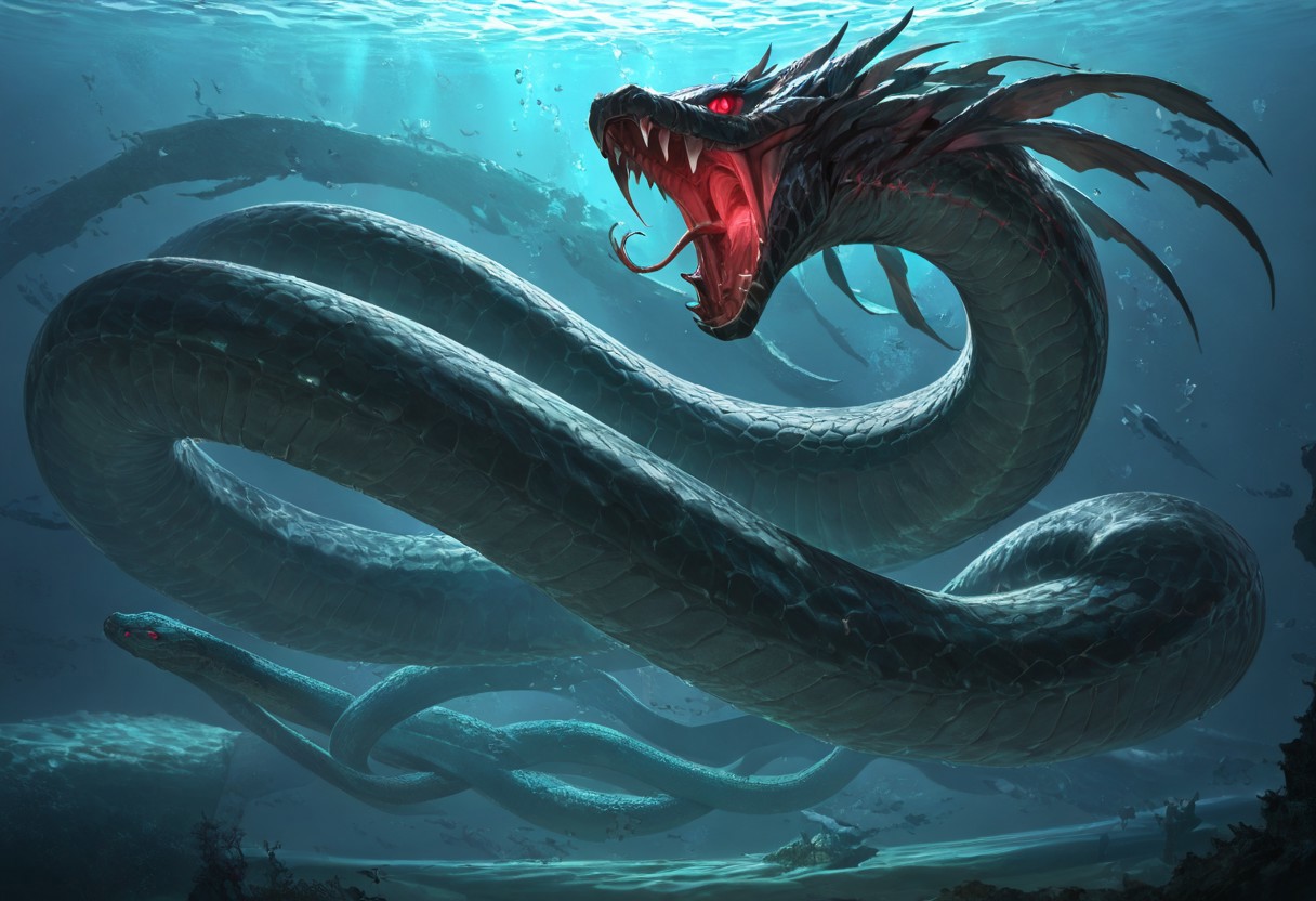 masterpiece, best quality, newest, absurdres, highres, AQDRV1.0, dragon, underwater, ocean, snake, serpent, monster, no humans, glowing eyes, red eyes,