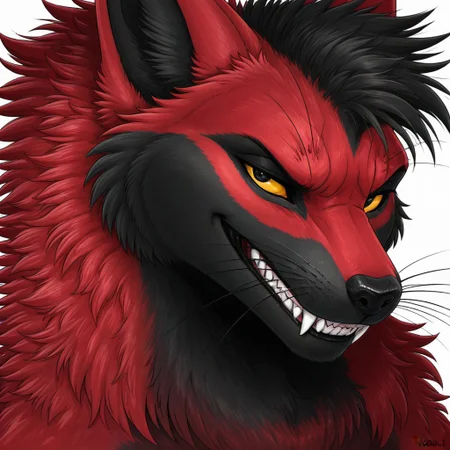 unparalleled masterpiece, best quality, amazing quality, very aesthetic, high resolution, 4K, extremely-detailed, depth of field, high sharpness, newest, cinematic lighting,
N00dle, solo, 1boy, furry male, slender, tall male, rexouium, fox hybrid, black fur, red fur, fangs, whiskers, yellow sclera, black eyes, smirk,
White background, face focus, side view,