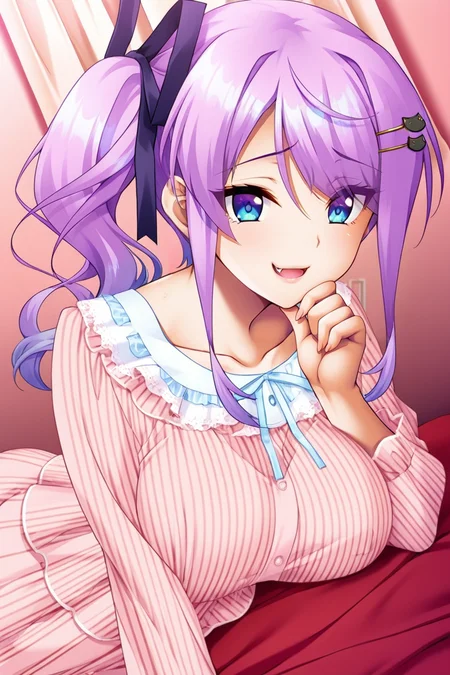 (masterpiece, best quality, game cg,highly_detailed,extremely_detailed_CG_unity_8k_wallpaper,illustration,highres,absurdres:1.2),1girl,solo, <lora:Kirari_Kusakabe-IL:1>Kirari,violet hair,gradient hair,blue eyes,hair ribbon,cat hair ornaments,side ponytail,fang,pajamas,mini skirt,liying down,lying on front,looking at viewer,hand on chin,bedroom,bed,pink wall,malicious smile
Show less
