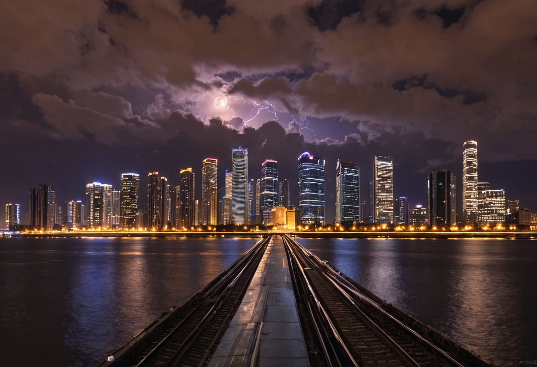 <lora:3vg3nylushp1n:1>,3vg3nylushp1n,evgeny,lushpin,scenery,, architecture, building, city, city lights, cityscape, cloud, cloudy sky, east asian architecture, night, night sky, outdoors, scenery, sky, skyline, skyscraper, star \(sky\), tower, a train traveling down tracks next to a body of water with a city in the background at night time, Evgeny Lushpin, city, a photo, art deco