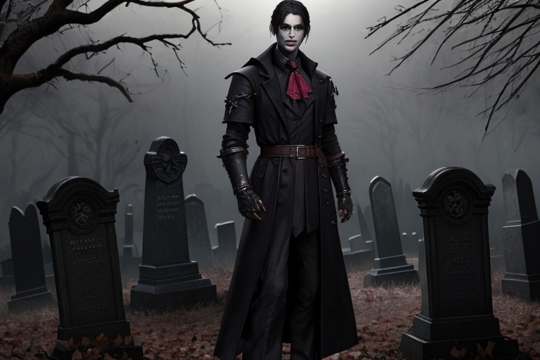 (masterpiece:1.2), (best quality,:1.2), 8k, HDR, ultra detailed, ((photorealistic)), professional light, cinematic lighting, fashion photography, ambient lighting, atmospheric effects, <lora:detail_slider_v4:2>, (DarkFantasy:0.2), a male hunter, wearing a long coat, ascot,  bracers, belt, gothout, <lora:Gothic_Outfit:0.45>,  in a dark and sinister gothic graveyard, iron fence, open graves, darkness, <lora:Darkness-10:0.6>,  <lora:zoom_slider_v1:2>, (Style-Necromancy:0.7), epiCPhoto