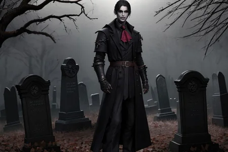 (masterpiece:1.2), (best quality,:1.2), 8k, HDR, ultra detailed, ((photorealistic)), professional light, cinematic lighting, fashion photography, ambient lighting, atmospheric effects, <lora:detail_slider_v4:2>, (DarkFantasy:0.2), a male hunter, wearing a long coat, ascot, bracers, belt, gothout, <lora:Gothic_Outfit:0.45>, in a dark and sinister gothic graveyard, iron fence, open graves, darkness, <lora:Darkness-10:0.6>, <lora:zoom_slider_v1:2>, (Style-Necromancy:0.7), epiCPhoto