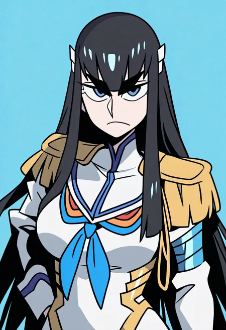 masterpiece, best quality, very aesthetic, absurdres, vanripper BREAK
1girl, kiryuuin satsuki, black hair, long hair, blue eyes, thick eyebrows,
dress, epaulettes, hair ornament, thighhighs,
serious, upper body, looking at viewer, solo, blue background <lora:VanripperIllustriousXL_byKonan:1> <lora:SatsukiKiryuinIllustriousXL_byKonan:1>