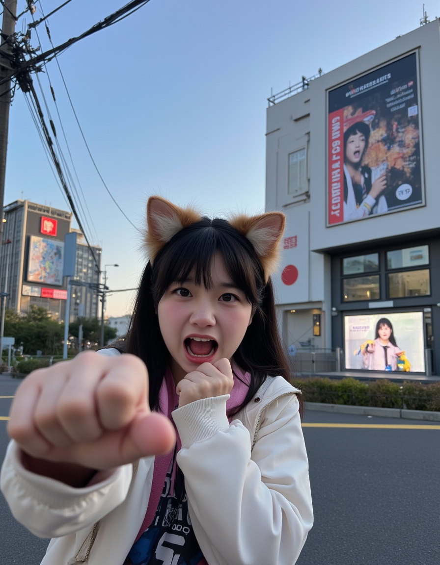 <lora:City_Worlds_01_Effects_fluxc:1> photo, focus on cute very angry open mouth shouting girl with cat ears towards the viewer, closeup, citybkg, day, ambiance, detailed, street, billboards on buildings, japan, futuristic, street marking, ground view, city lights, high buildings, vegetation, cats,