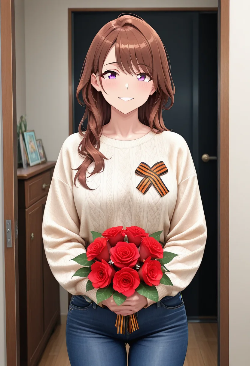 masterpiece, best quality, recent, absurdres, Graphic Design, color art, vibrant colors, colorful, intricate details, high contrast, detailed background, beautiful detailed, beautiful face, detailed eyes, detailed face, new, newest, stg30rg, striped ribbon, badge, 1girl, solo, cowboy shot, room, street, sweater, jeans, looking at viewr, holding bouquet, red flowers,