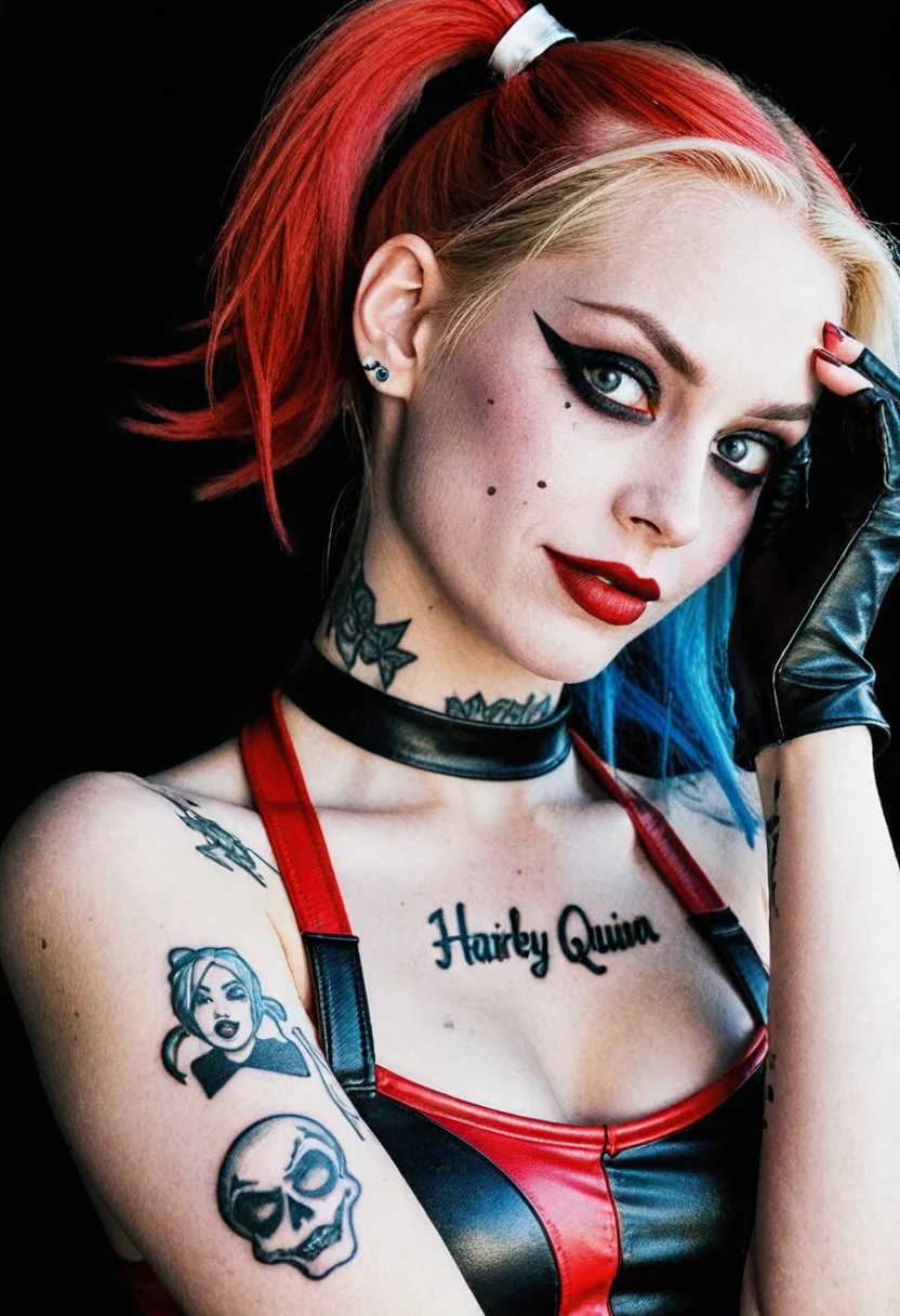 1girl, ❤️, harley quinn, ♦-tattoo, 😅 expression, †edgy† outfit <lora:acc\dmd2_sdxl_4step_lora>