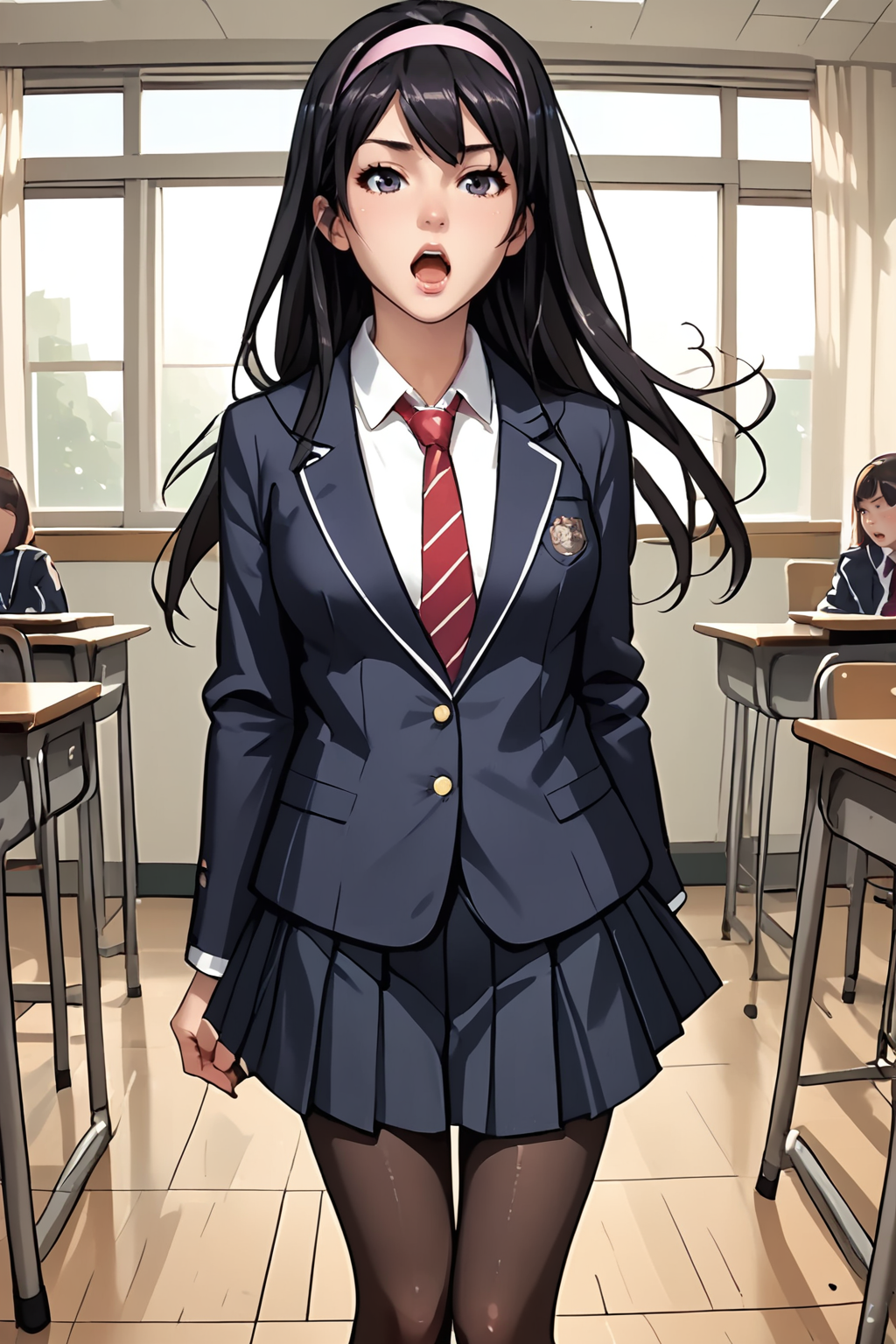Score_9,score_8_up,score_7_up,1girl,solo,standing,full body, medium breasts,   school uniform, jacket, pantyhose, pleated skirt, hairband,necktie,blazer,loafers,
<lora:Ayaka_Sakuraba:.6> ayakasakuraba, 1girl, long hair, black hair, hairband, sexy pose, ,dynamic angle,open mouth, classroom, <lora:Saiminjutsu_3_V1:.6> zPDXL3 <lora:StS_PonyXL_Detail_Slider_v1.4_iteration_3:1>
