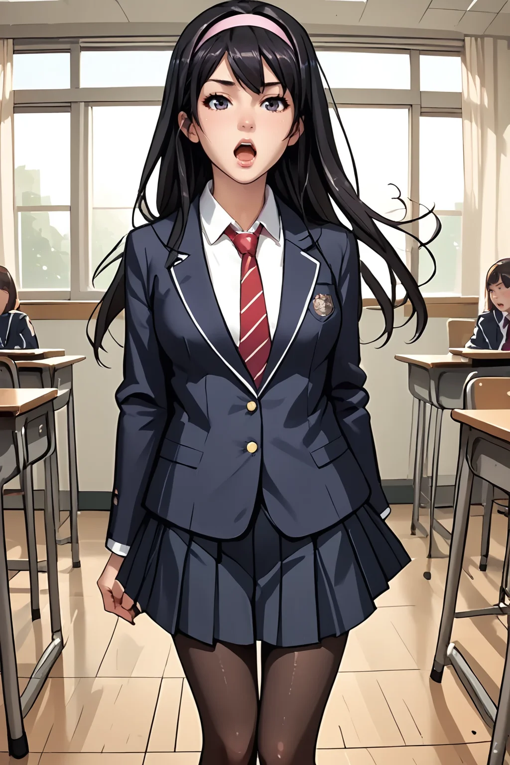 Score_9,score_8_up,score_7_up,1girl,solo,standing,full body, medium breasts, school uniform, jacket, pantyhose, pleated skirt, hairband,necktie,blazer,loafers,
<lora:Ayaka_Sakuraba:.6> ayakasakuraba, 1girl, long hair, black hair, hairband, sexy pose, ,dynamic angle,open mouth, classroom, <lora:Saiminjutsu_3_V1:.6> zPDXL3 <lora:StS_PonyXL_Detail_Slider_v1.4_iteration_3:1>
