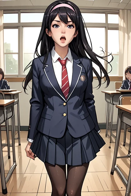 Score_9,score_8_up,score_7_up,1girl,solo,standing,full body, medium breasts,   school uniform, jacket, pantyhose, pleated skirt, hairband,necktie,blazer,loafers,
<lora:Ayaka_Sakuraba:.6> ayakasakuraba, 1girl, long hair, black hair, hairband, sexy pose, ,dynamic angle,open mouth, classroom, <lora:Saiminjutsu_3_V1:.6> zPDXL3 <lora:StS_PonyXL_Detail_Slider_v1.4_iteration_3:1>