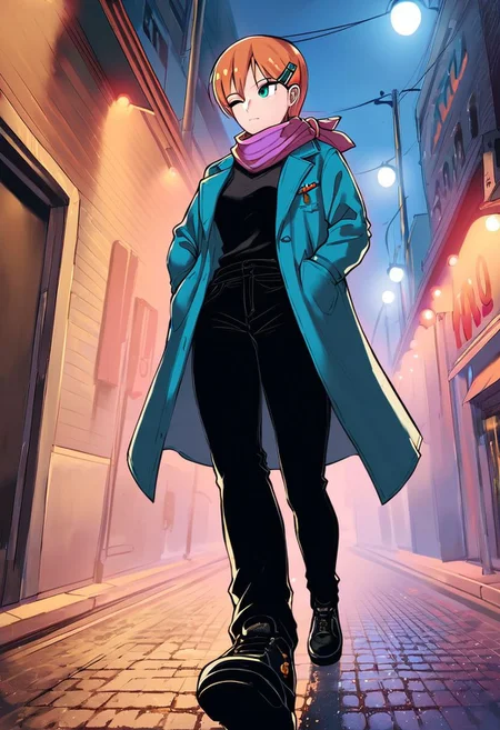 8k resolution:1.3, outstanding detail, Score_9, score_8_up, score_7_up, best quality, highly detailed, dynamic posture, taken from below, looking away,
1girl, mgqSonia, solo, hair clip, purple_scarf, black shirt, blue_trench_coat, black pants, black shoes, hands in pocket,
one eye closed, closed mouth,
detailed background, night, street,