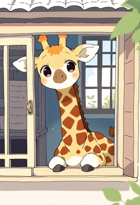 (masterpiece, best quality, high quality, highres), very awa, highres, absurdres,
(naguru \(cyoroama\), (chii-kun \(seedyoulater\):0.7), 
(giraffe:1.1), (no humans:1.1), (cute:1.2), comfy, solo, 
oo, curious,
sunny day, outdoors, 2 store house, looking in a window