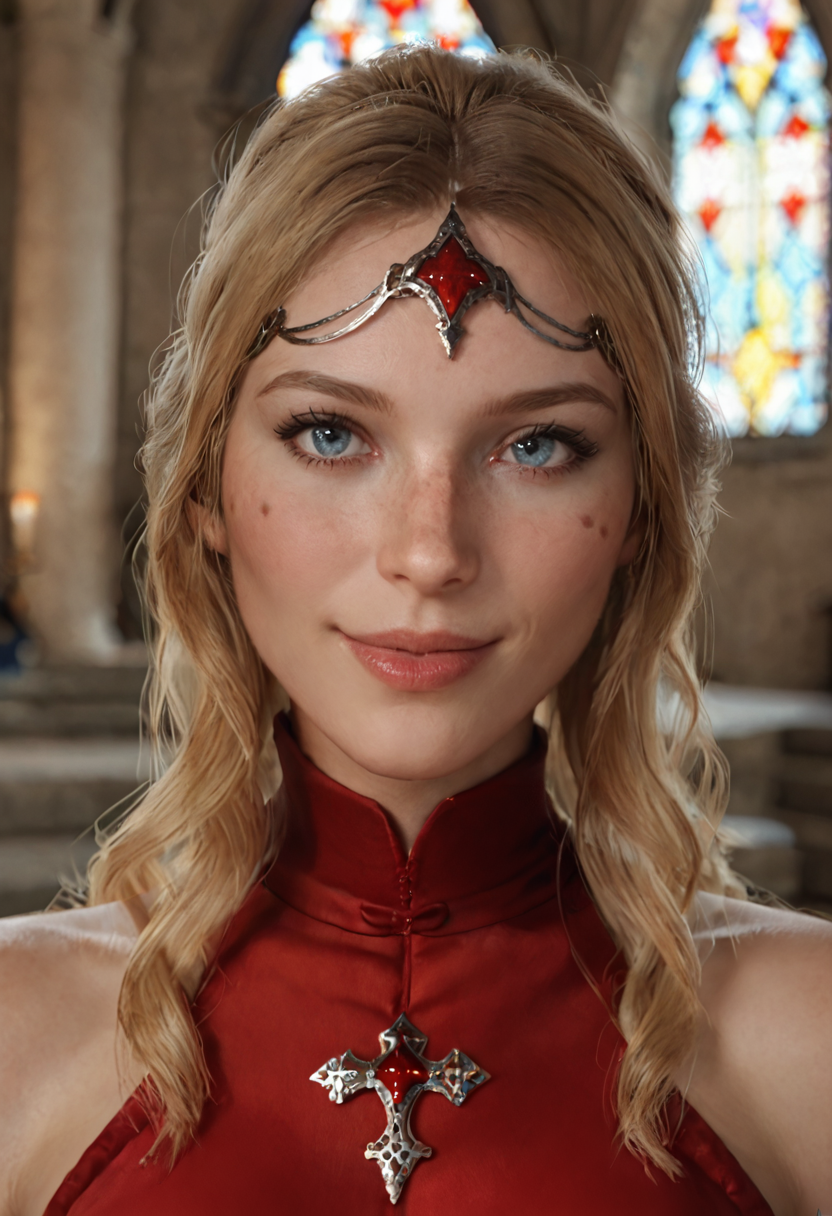 score_9, score_8_up, score_7_up, realistic, 4k, masterpeice, 
1girl, solo, <lora:Oksana_Peasants_Quest:0.8> blonde hair, long hair, circlet, blue eyes, freckles, 
giggle, blush, smile, happy, portrait, face focus, petite, red dress, bare shoulders, 
<lora:Smooth Anime 2 Style SDXL_LoRA_Pony Diffusion V6 XL:0.5>
<lora:blender style_blenderNSFW:0.3>
depth of field, blurry background, blurry foreground, medieval, church background, cathedral