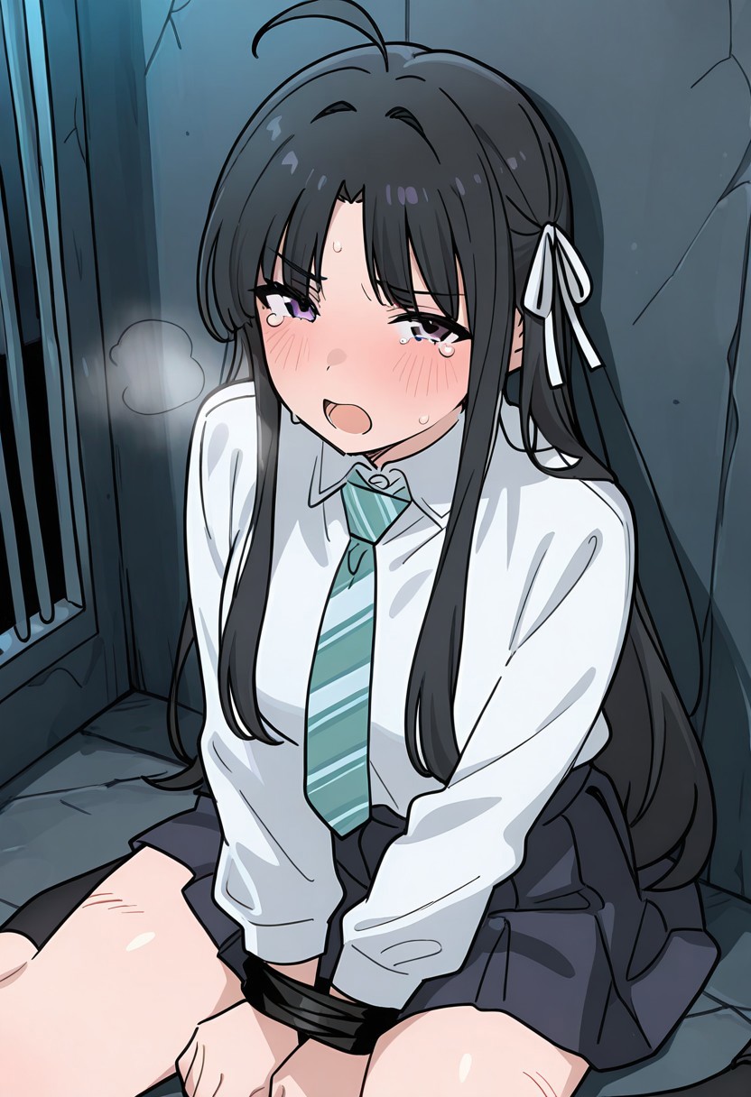 masterpiece, best quality, newest, solo, anime screencap, <lora:SUBARU_AWA_ilxl_v1.1:1>, subaru_awa,hair ribbon, white ribbon, ahoge, perfect eyes, half closed eyes, breast, shiny skin, school uniform, white shirt, collared shirt,striped necktie,long sleeves,pleated skirt, expressive, tears, blush, embarrassed, scared, looking at viewer, bound wrists, on ground, sitting, against wall, prison, tied up \(nonsexual\), arms folded, bound wrists, scratches, exhausted, open mouth, heavy breathing, exhausted, from above, dynamic view, dark room, perfect anatomy